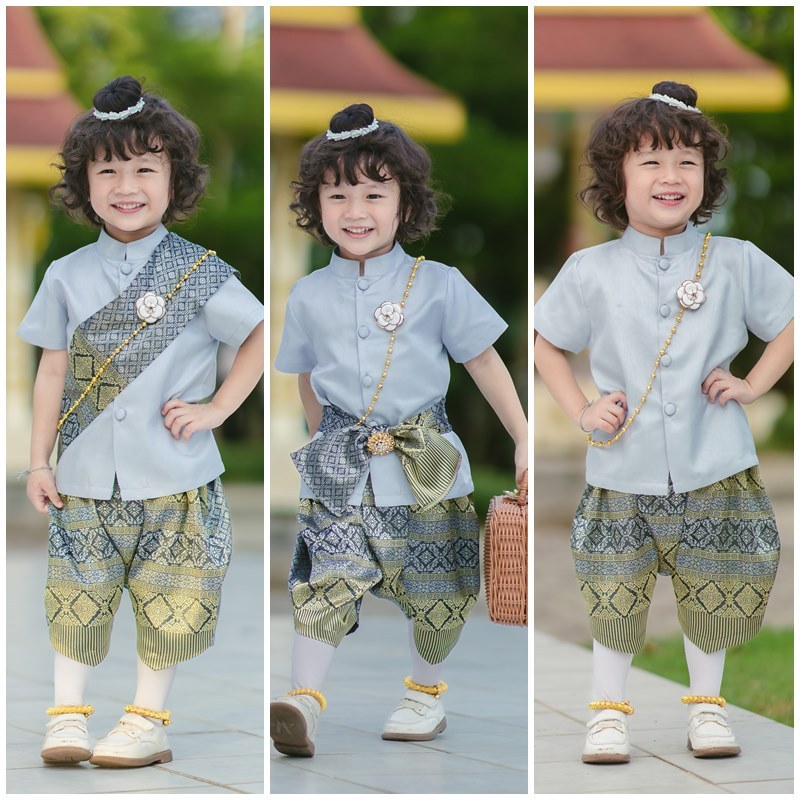 ชุดไทยเด็กชายสีเทา สุภาพ แขนสั้นใส่สบาย ผ้าดี ไม่ระคายผิว