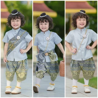 ชุดไทยเด็กชายสีเทา สุภาพ แขนสั้นใส่สบาย ผ้าดี ไม่ระคายผิว