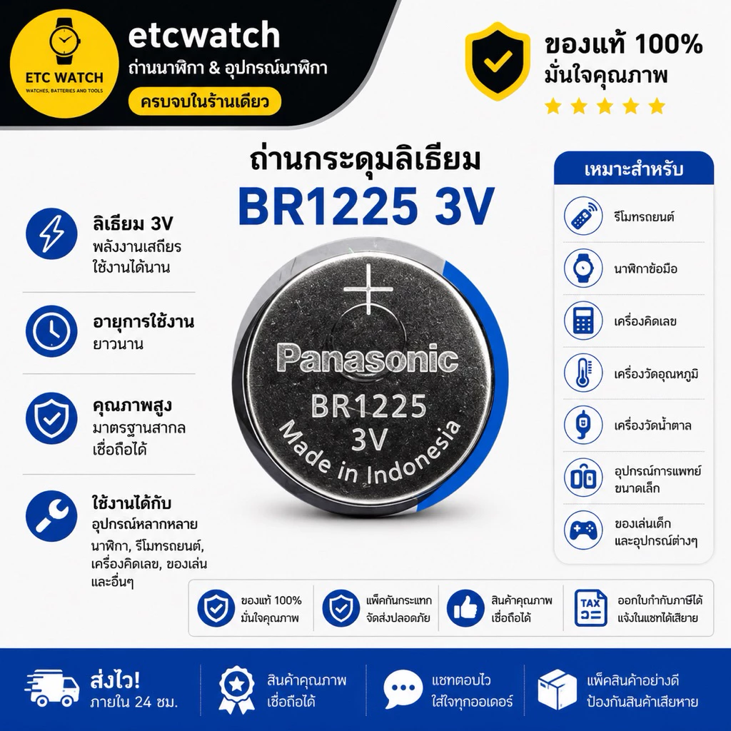 พร้อมส่ง> ถ่านกระดุม Panasonic BR1225 1 ก้อน หมดอายุ 12/2035