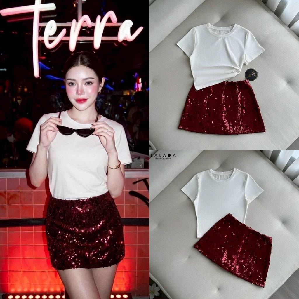 LALADA set 2 ชิ้น เสื้อยืดคอกลมสวยเฉี่ยว+กระโปรงสั้นกริตเตอร์สีแดง