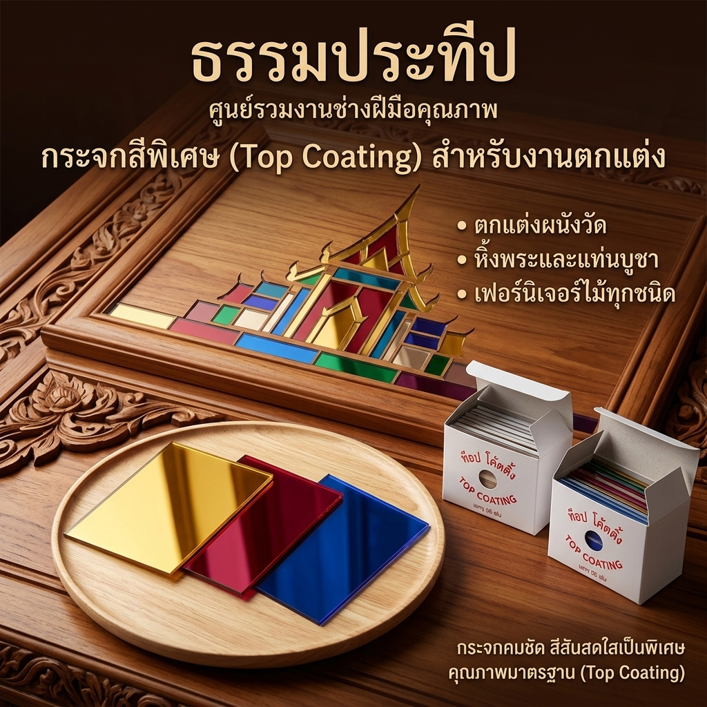 กระจกสีติดอุโบสถ กระจกสะท้อนแสง กระจกเงา ใช้สำหรับติดอุโบสถและงานไม้ | ใน1กล่องจะมี25แผ่น สีสด ทนทาน ราคาถูก
