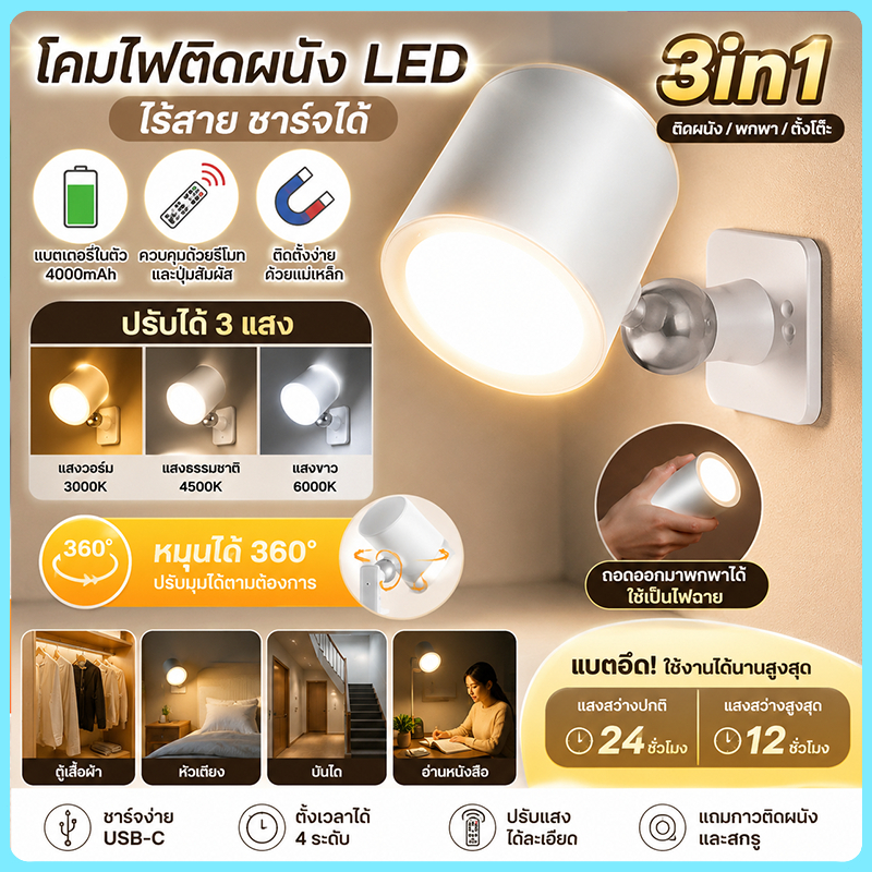 โคมไฟหัวเตียงแม่เหล็ก ติดตั้งฟรี อุณหภูมิสามสี เครื่องทำน้ำยาบ้วนปาก โคมไฟตั้งโต๊ะ การหมุน360°