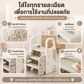 บันไดเด็ก 3 ชั้น มีราวจับ กันลื่น สตูลบันไดพลาสติก พับได้ รองชักโครก มั่นคง รับน้ำหนัก 60kg