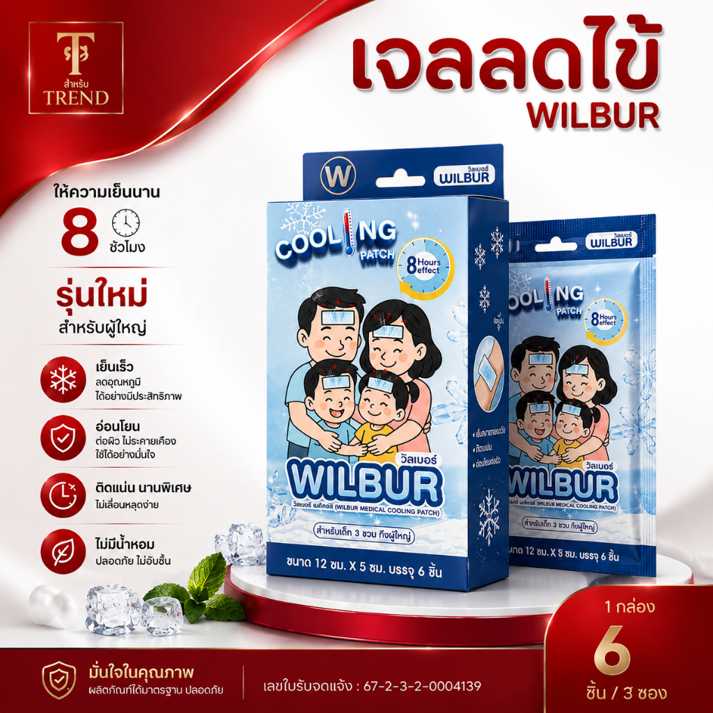 Wilbur แผ่นเจลลดไข้ สำหรับเด็ก 0-3 ขวบ และ ผู้ใหญ่  (WILBUR Medical Cool Fever Gel) สินค้าพร้อมจัดส่ง
