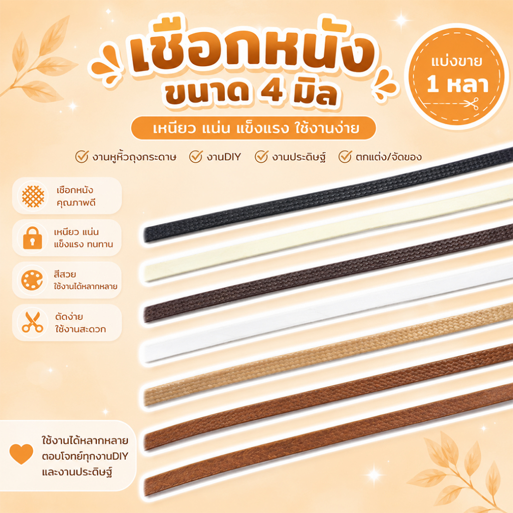 เชือกหนังคอตตอน เส้นกลม 1.5มิล ความยาว 350 เมตร เชือกหนัง
