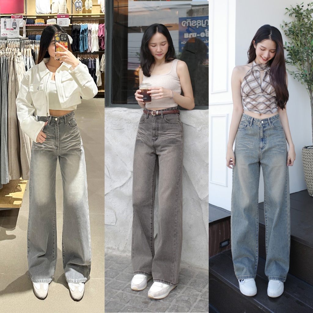 กางเกงยีนส์ขากระบอกฟอกอัดยับ รุ่น Tabby Jeans