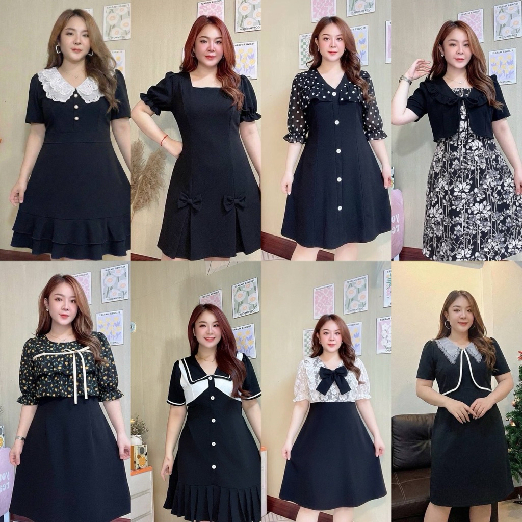 เดรสสีดำ สาวอวบ ผ้ายืดวูลเวฟ งานสุภาพได้  รอบอก 40-48 นิ้ว