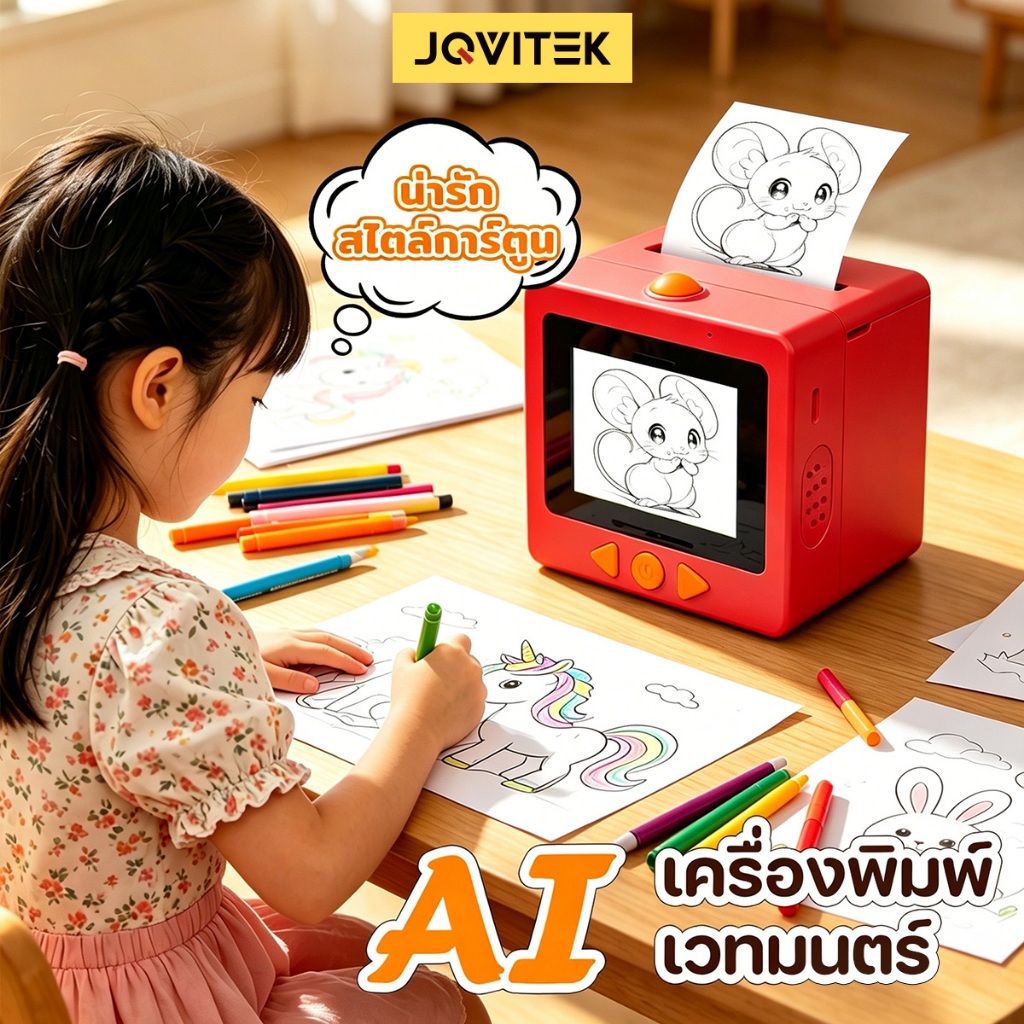 JQVITEK เครื่องปริ้นเด็ก AI สั่งงานด้วยเสียง พิมพ์ภาพไม่ใช้หมึก WiFi หน้าจอสี พกพา พิมพ์สติกเกอร์ DIY TalkDraw 100