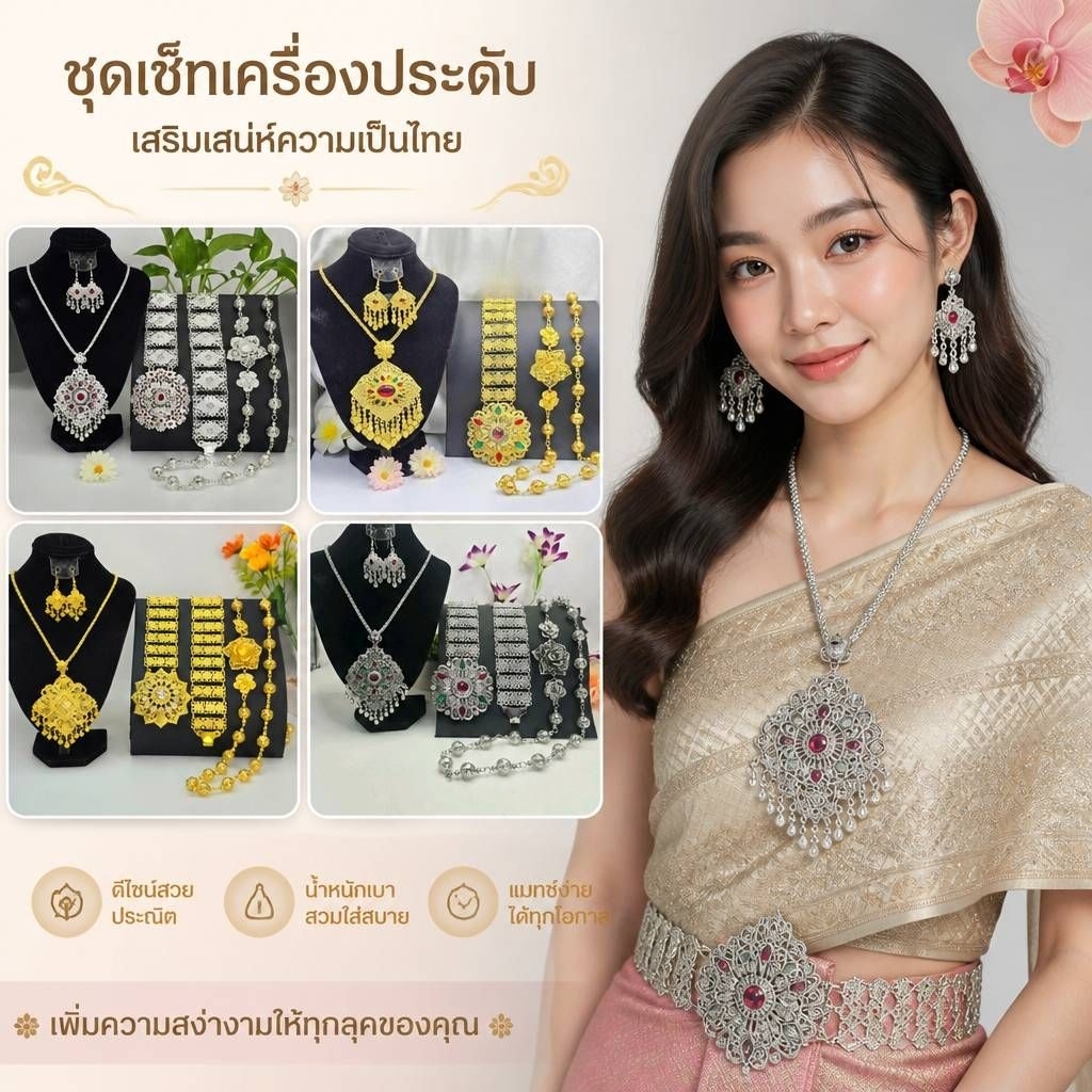 ชุดเซ็ทเครื่องประดับ เครื่องประดับชุดไทย สีเงิน/สีทอง/สีรมดำ