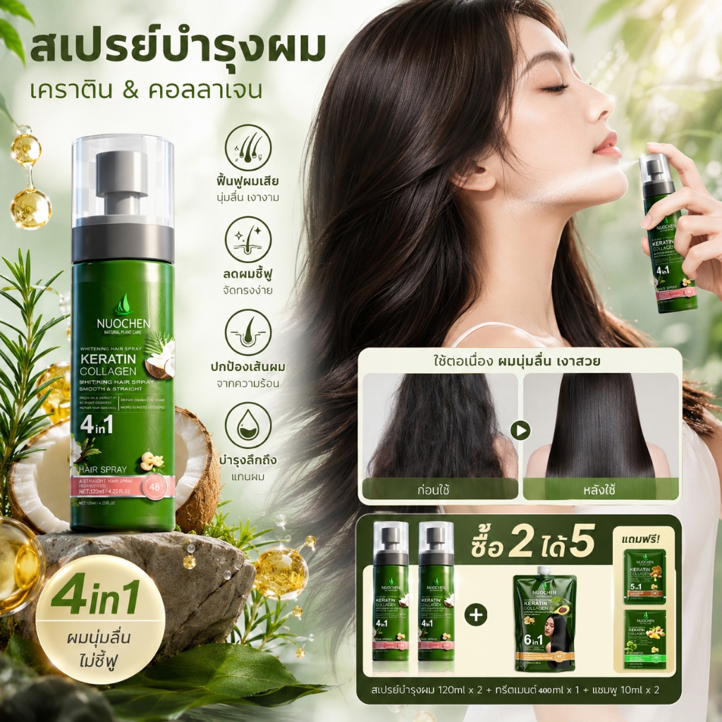 【ซื้อ 2 ได้ถึง 5】NUOCHEN สเปรย์บำรุงผมเคราติน ซ่อมแซมสภาพผมเสีย สยบผมชี้ฟู Hair Spray 1 ขวด 120 มล.