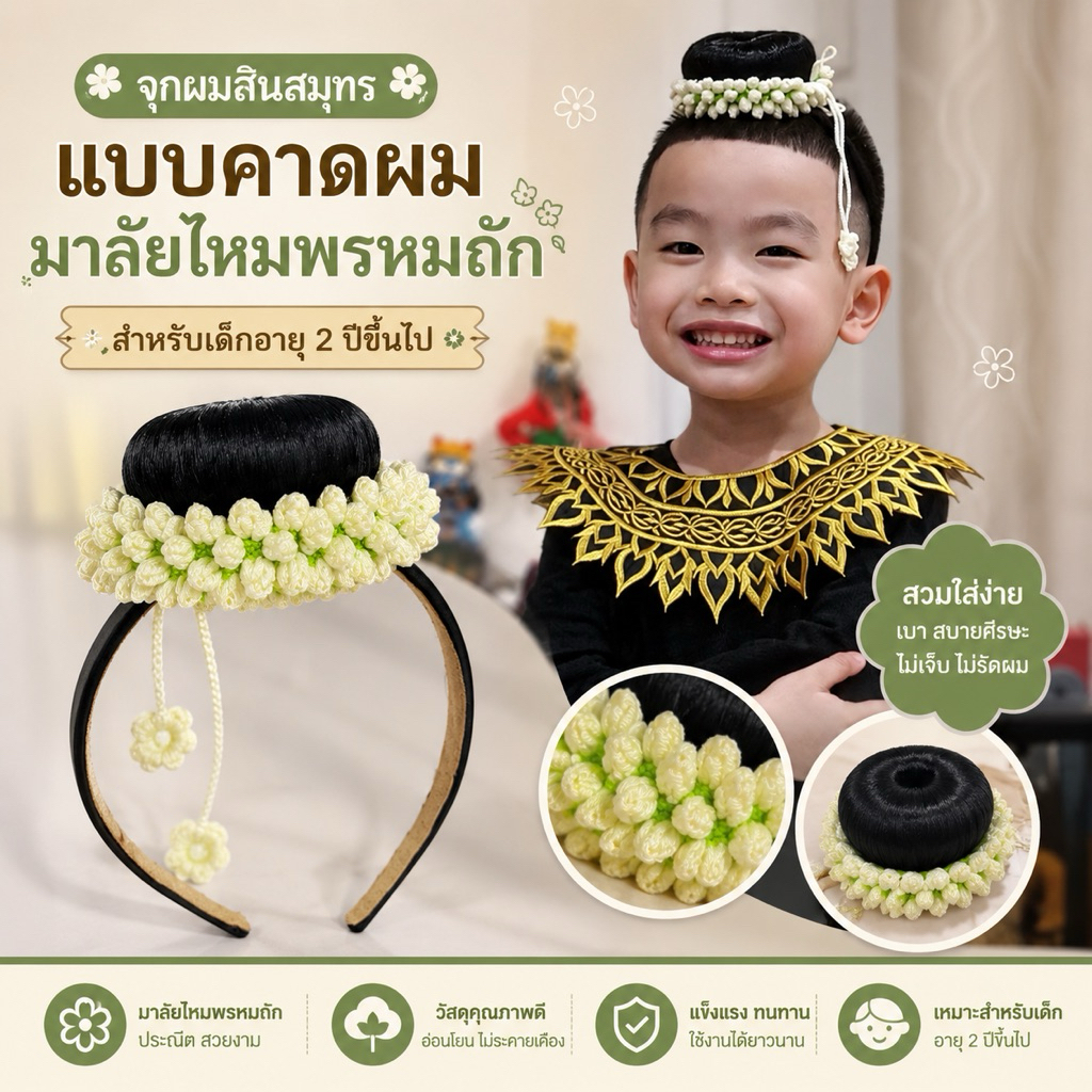 ที่คาดผมจุกผมสินสมุทร มาลัยไหมพรมถักสำหรับเด็ก วิกผมจุกเด็กพร้อมมาลัยล้อม (สำหรับเด็ก 2 ปีขึ้นไป)