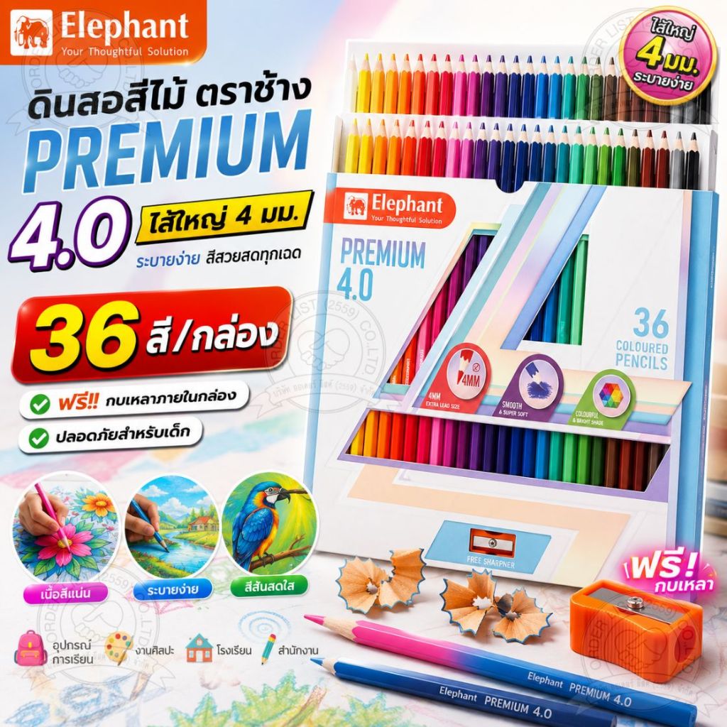Elephant ดินสอสีไม้ ตราช้าง พรีเมี่ยม 4.0 ไส้ใหญ่ 4 มม. ระบายง่าย 36 สี พร้อมกบเหลาฟรี
