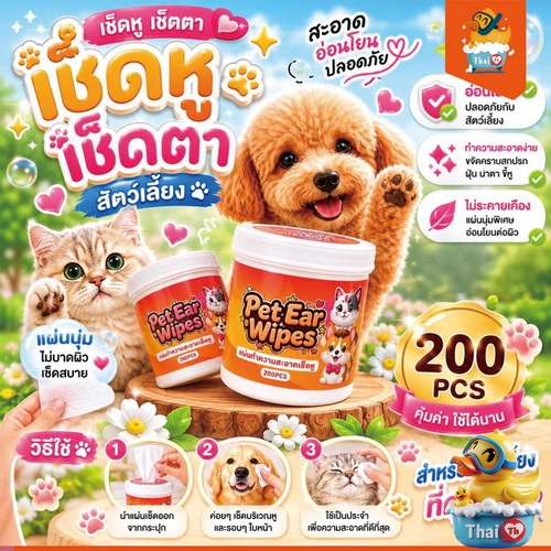Thai.th  ผ้าเช็ดทำความสะอาดสัตว์เลี้ยง ตา หู แบบอ่อนโยน สำหรับแมวและสุนัข  200 ชิ้น LZ888