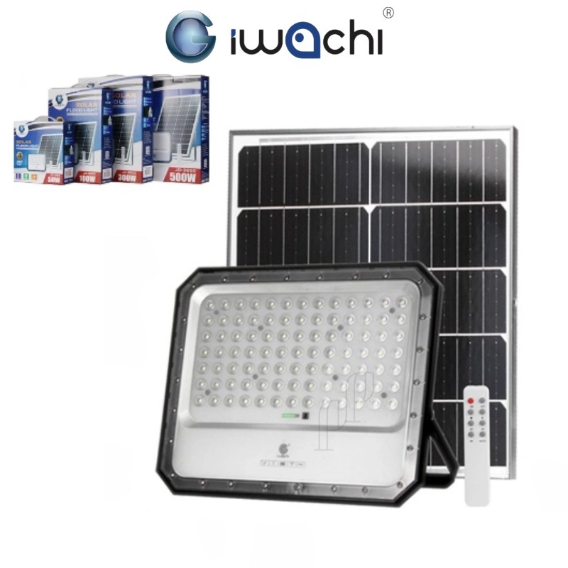 IWACHI โคมสปอร์ตไลท์โซล่าเซลล์ 50W 100W 300W 500W แสงขาว พร้อมแผงโซล่าเซลล์ เปิดอัตโนมัติตอนกลางคืน กันน้ำIP67