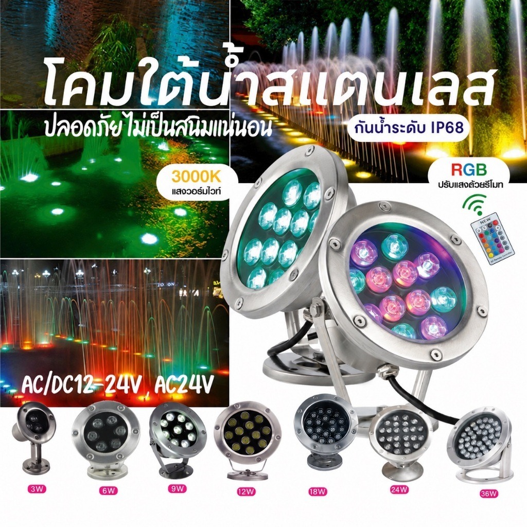 ไฟใต้น้ำของแท้ ไฟน้ำพุLED คุณภาพสูง ใช้หม อแปลง AC-12V กำลังไฟ 6-24w (ไม่รวมหม้อแปลง)