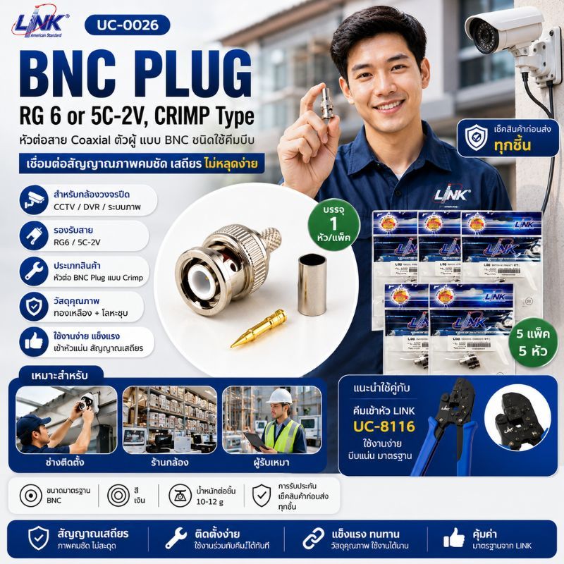 หัวต่อสาย Coaxial ตัวผู้ แบบ BNC ชนิดใช้คีมบีบ 1 ลัง บรรจุ 100 ตัว LINK UC-0026 BNC PLUG