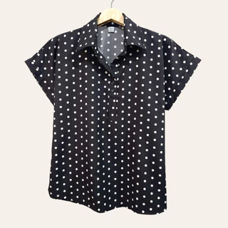 (อก 44”) เสื้อคอปก เเขนสั้น ลายจุด ผ้าไหมอิตาลี ไม่ต้องรีด