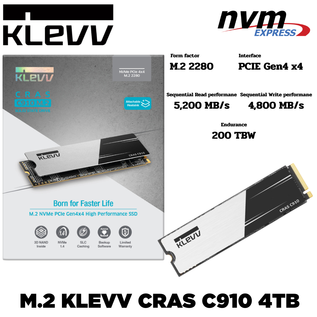 M.2 4 TB SSD (เอสเอสดี) KLEVV CRAS C910 M.2 2280 NVMe PCIe GEN4x4