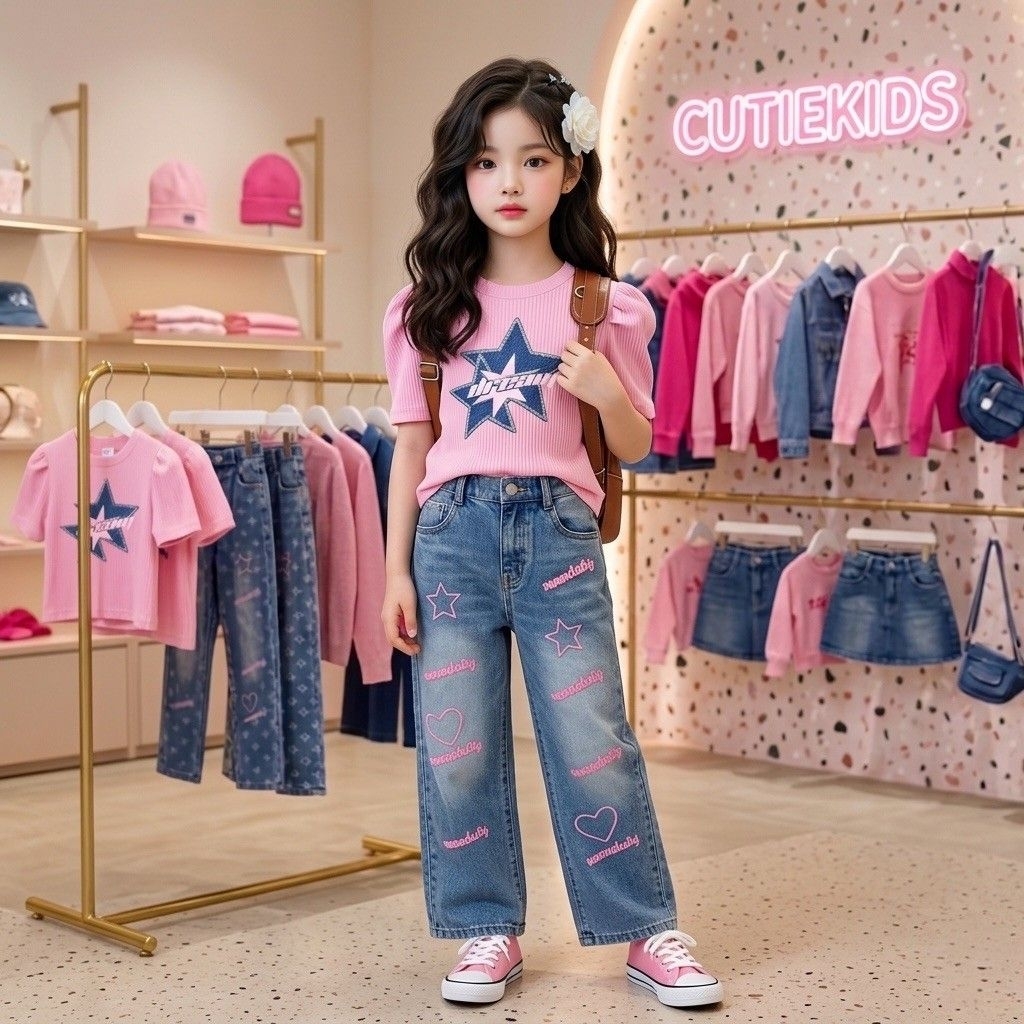 CT259🎀ชุดเซทยีนส์คุณหนูแฟชั่นสุดชิคเสื้อผ้าร่องแขนตุ๊กตาสุดน่ารัก พร้อมกางเกงยีนส์งานปักไหมพรม เอวสม็อคสวมใส่สบาย