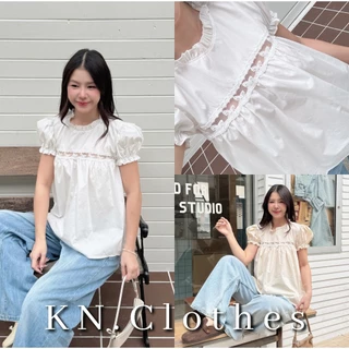 Freya top : เสื้อแขนตุ๊กตา คอระบาย ตัวยาว ลูกไม้คาดอกซีทรู เนื้อผ้าคอตตอน KN.Clothes