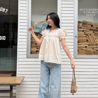 Freya top : เสื้อแขนตุ๊กตา คอระบาย ตัวยาว ลูกไม้คาดอกซีทรู เนื้อผ้าคอตตอน KN.Clothes
