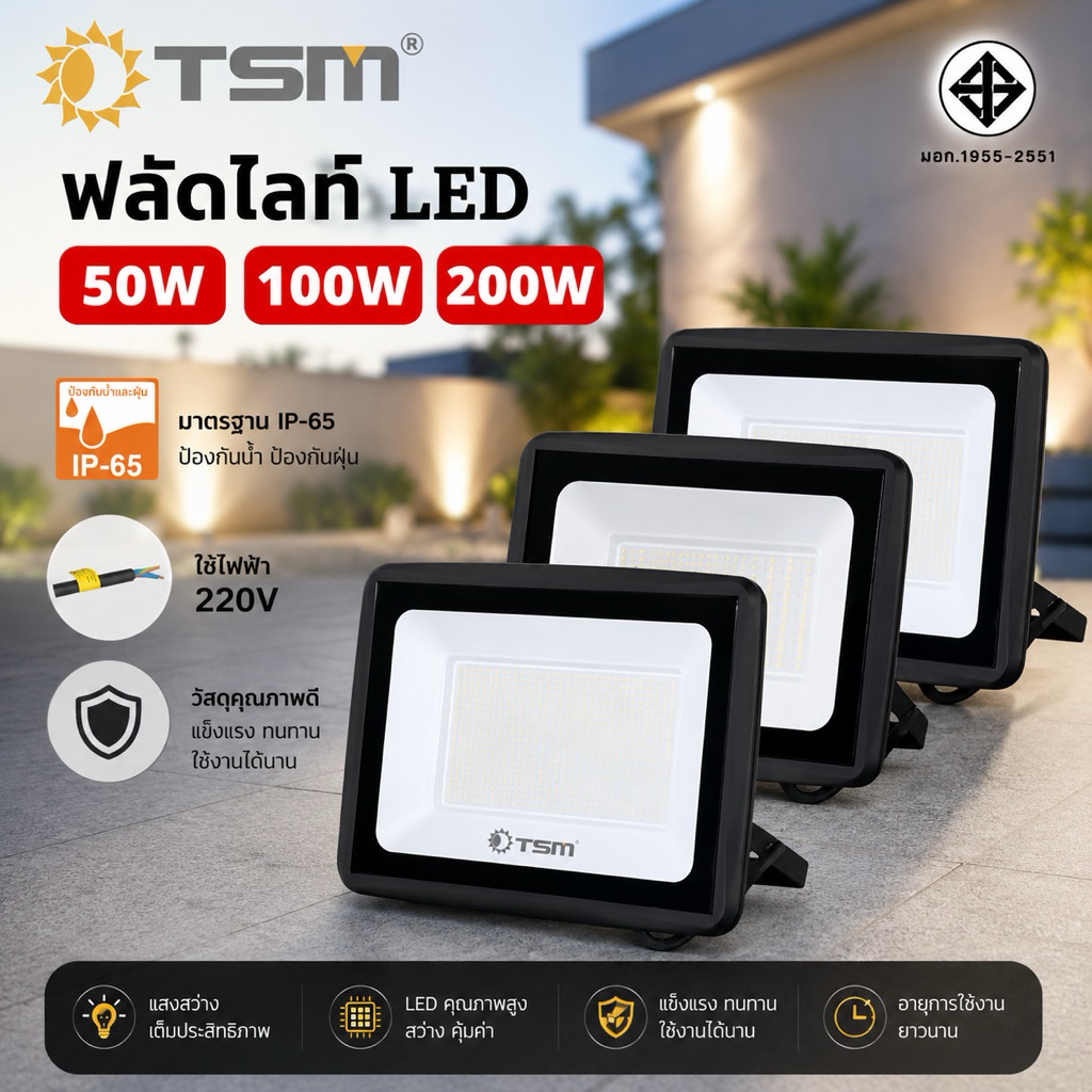สปอร์ตไลท์ led 220v ไฟฟลัดไลท์ ไฟสปอร์ตไลท์ 200w 100W 50W ไฟกลางแจ้ง Light Saving ตกแต่งสวน