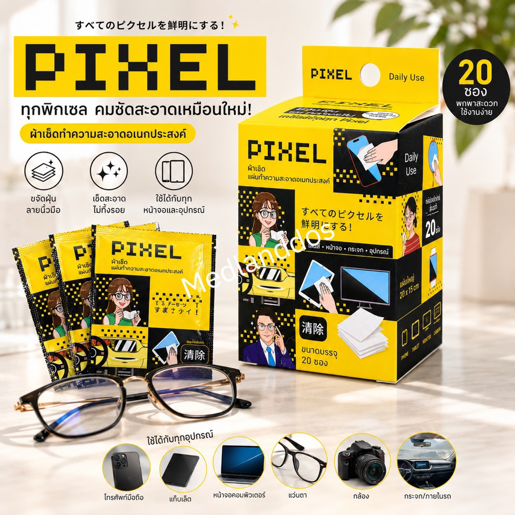 PIXEL พิกเซล แผ่นไมโคไฟเบอร์เช็ดแว่น ทิชชู่เช็ดแว่นตา หน้าจอมือถือ สำหรับใช้ประจำวัน บรรจุ 20แผ่นต่อกล่อง