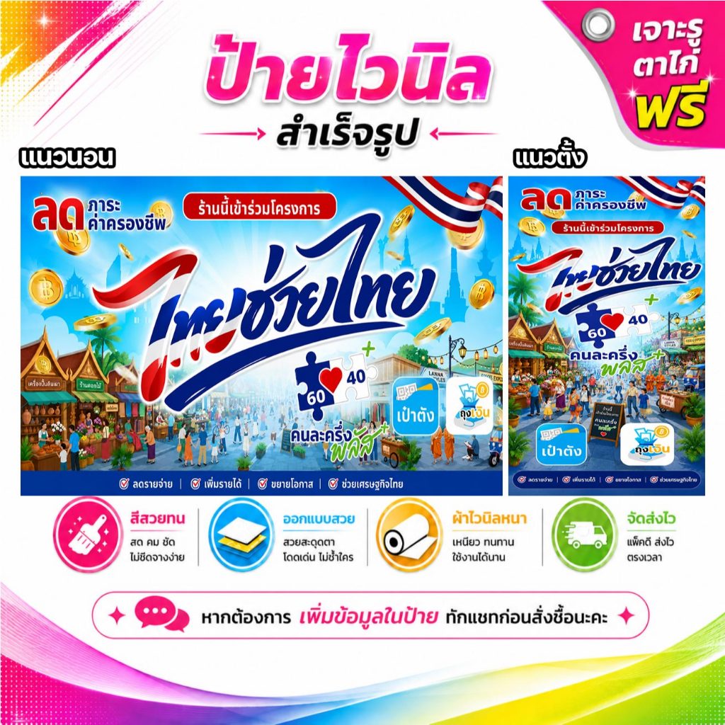 ป้ายไวนิล โครงการ ไทยช่วยไทย พลัส คนละครึ่ง V2 พับขอบเจาะรูฟรี (ผ้าไวนิลเกรด A หนามากขาดยาก)