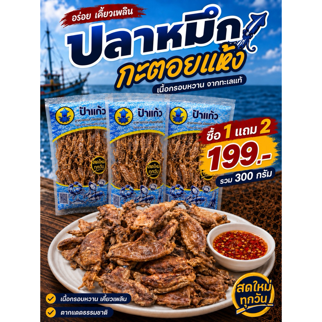 ปลาหมึกกะตอยแห้ง โปรสุดคุ้ม 100 กรัม x 3 ถุง อร่อย ไม่เค็ม ตากแดดธรรมชาติ