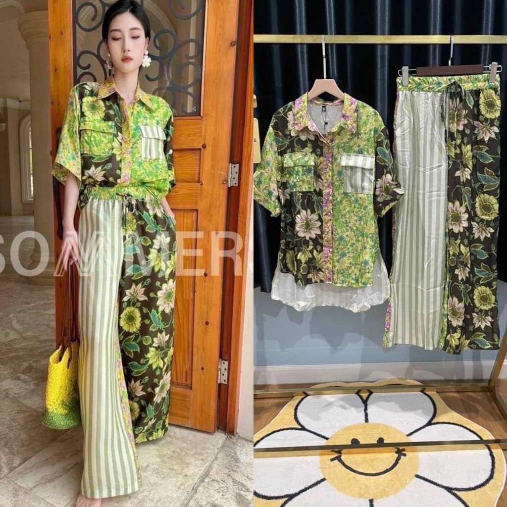 Set เสื้อปกเชิ้ตกระดุมผ่าหน้า แต่งแถบที่สาปเสื้อ แขนมีอินธนู มาพร้อมกางเกงขากระบอก