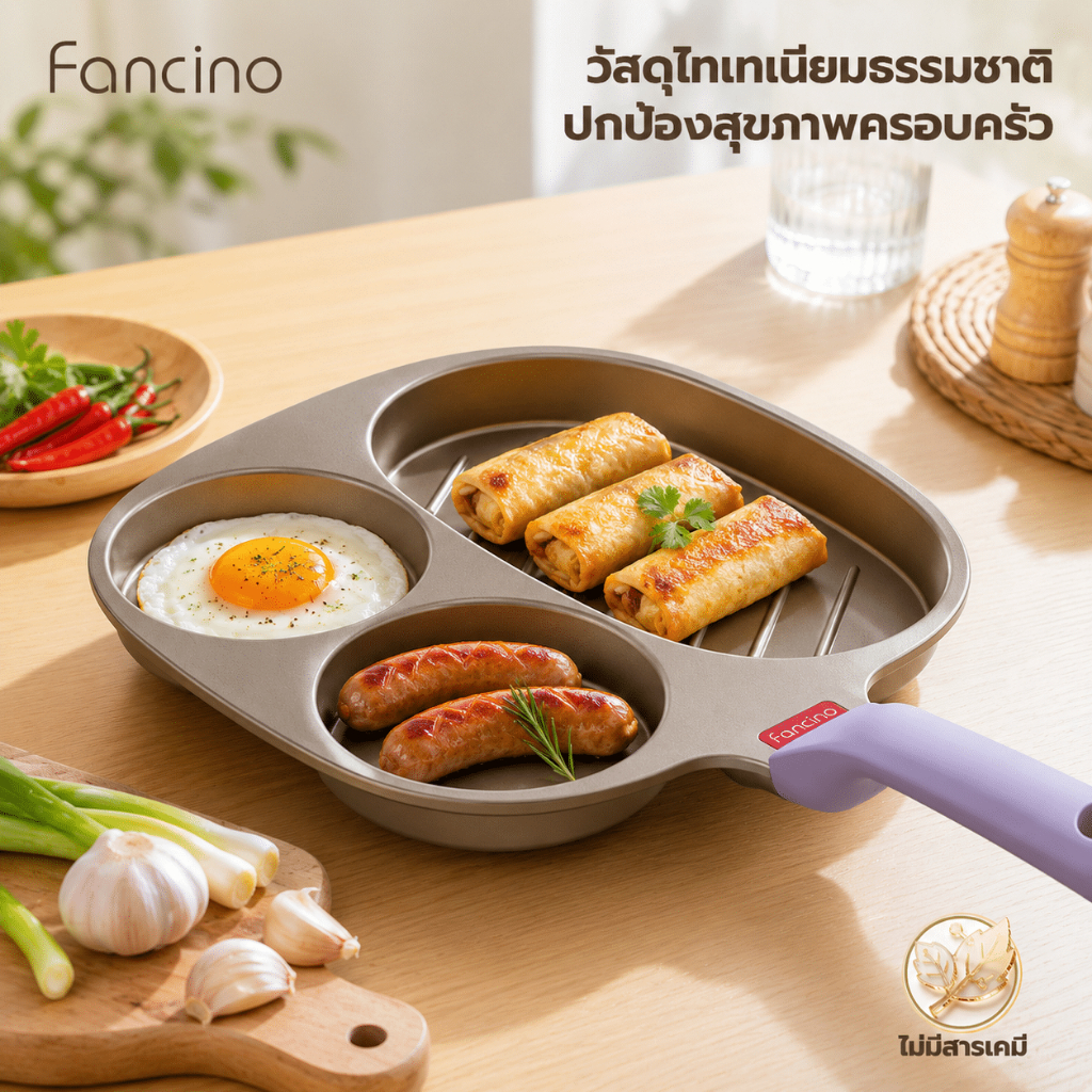 Fancino 3IN1 กระทะทอดอาหารเช้าไทเทเนียม 22ซม ไม่ติดธรรมชาติ วัสดุเกรดอาหาร ทุกเตา มือจับทนความร้อน ล