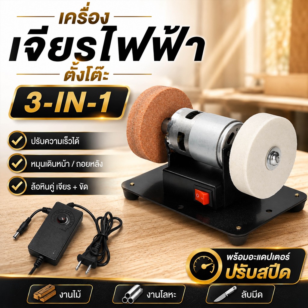 เครื่องเจียรตั้งโต๊ะมินิ 96W ปรับความเร็ว 7 ระดับ เครื่องขัดเงาไฟฟ้า มอเตอร์ทองแดง 6000RPM สำหรับงานไม้ โลหะ DIY