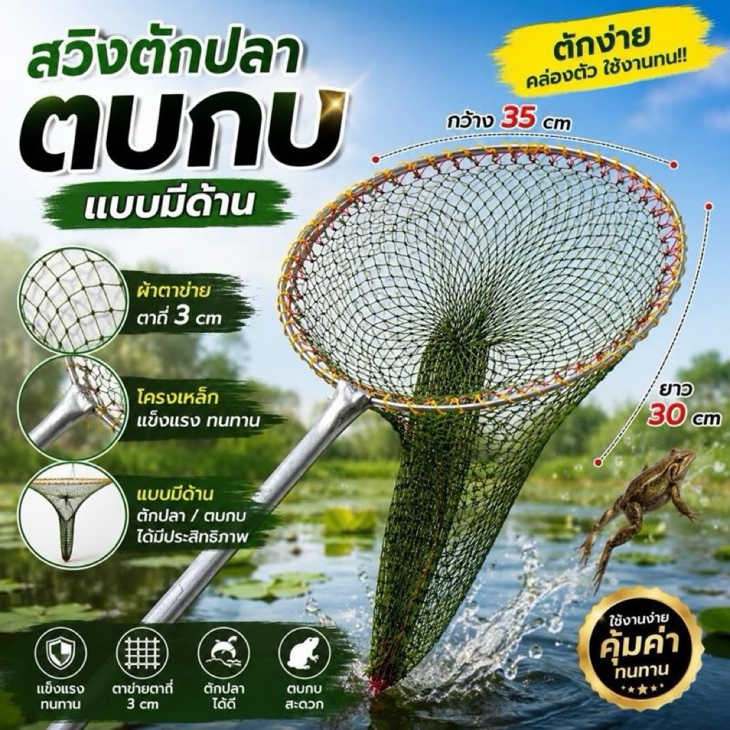 สวิงตักปลากระชอนปลา แบบมีด้านยาว 30 cm ขนาด 35 cm ดีไซน์สำหรับใช้งานง่ายและมีประสิทธิภาพสูง