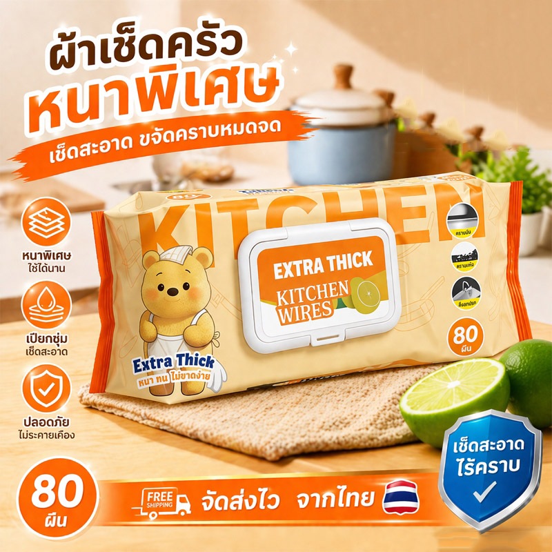 ผ้าเช็ดครัวหนาพิเศษ 80แผ่น กลิ่นเลม่อนสดชื่น เช็ดคราบมัน/คราบสกปรกได้หมด ใช้แล้วทิ้ง สะดวกสุดๆ สำหรับครัว COD