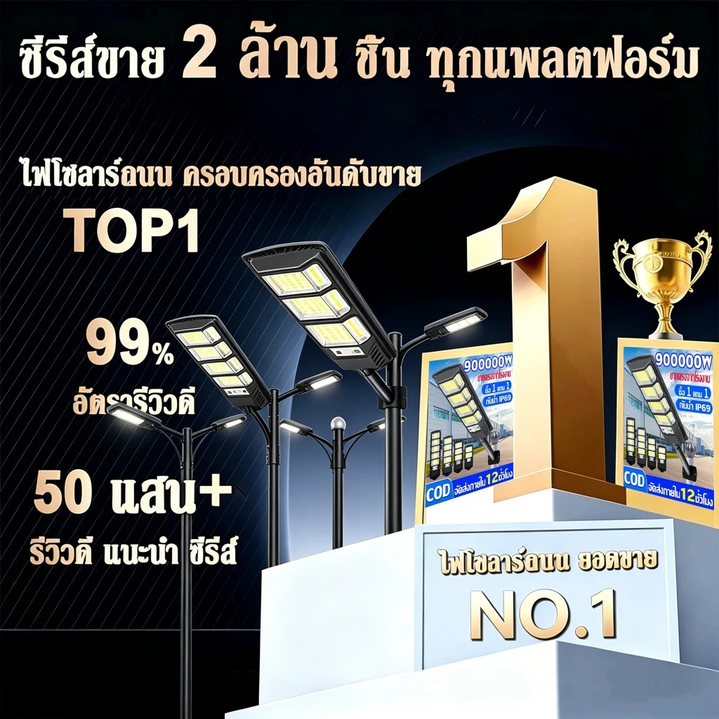 【รับประกัน 30ปี】ไฟโซล่าเซลล์ ไฟถนนโซล่าเซลล์ ไฟเซ็นเซอร์ตรวจจับคน ไฟถนน IP67 Solar Light 900000W ไฟพลังงานแสงอาทิตย์ thumbnail 3