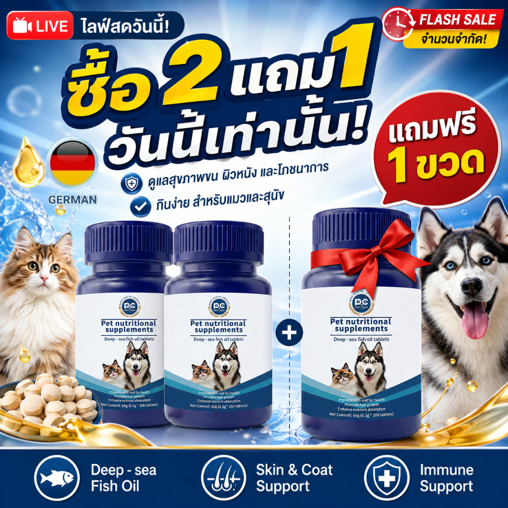 （ซื้อ 2 แถม 1 สุดคุ้ม!） 🔥PetClear อาหารเสริมน้ำมันปลา บำรุงขน ลดขนร่วง สำหรับสุนัขและแมว 200 เม็ด