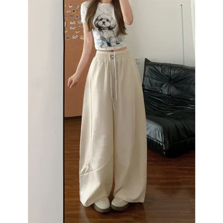 [Summer quick drying fabric, wide leg pants]เกาหลีรุ่นวินเทจผู้หญิงสบาย ๆ แจ๊สเต้นรำกีฬาลมกว้างขากางเกง