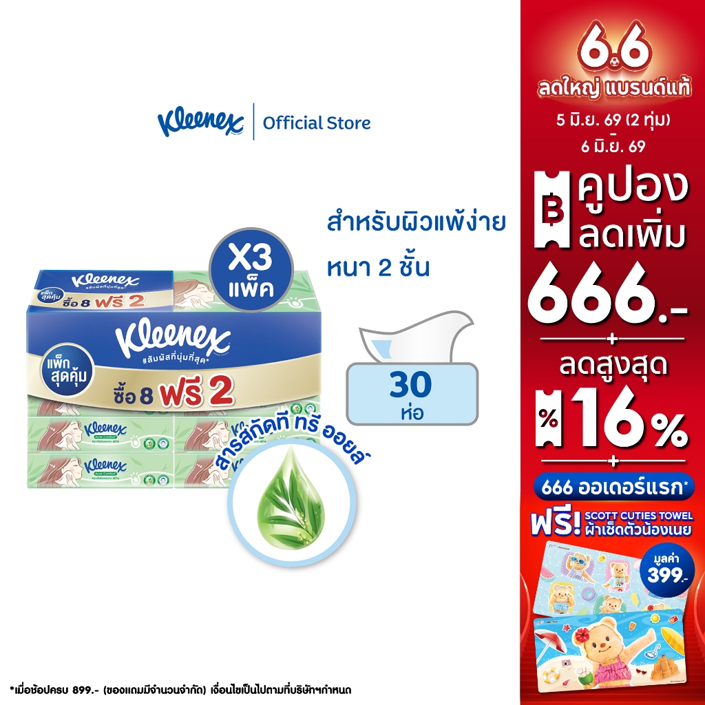 กระดาษเช็ดหน้าคลีเน็กซ์แอคแน่ คอมฟอร์ท ซอฟท์เคส แพ็ก 8 +2 ห่อ Kleenex® Acne Comfort Soft Box 80 sheets 8+2 x3 แพ็ค