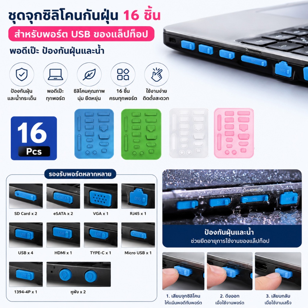 จุกซิลิโคนกันฝุ่น 16 ชิ้น สำหรับพอร์ต USB แล็ปท็อป จุกซิลิโคนปิดพอร์ตสัญญาณ จุกโน๊ตบุค