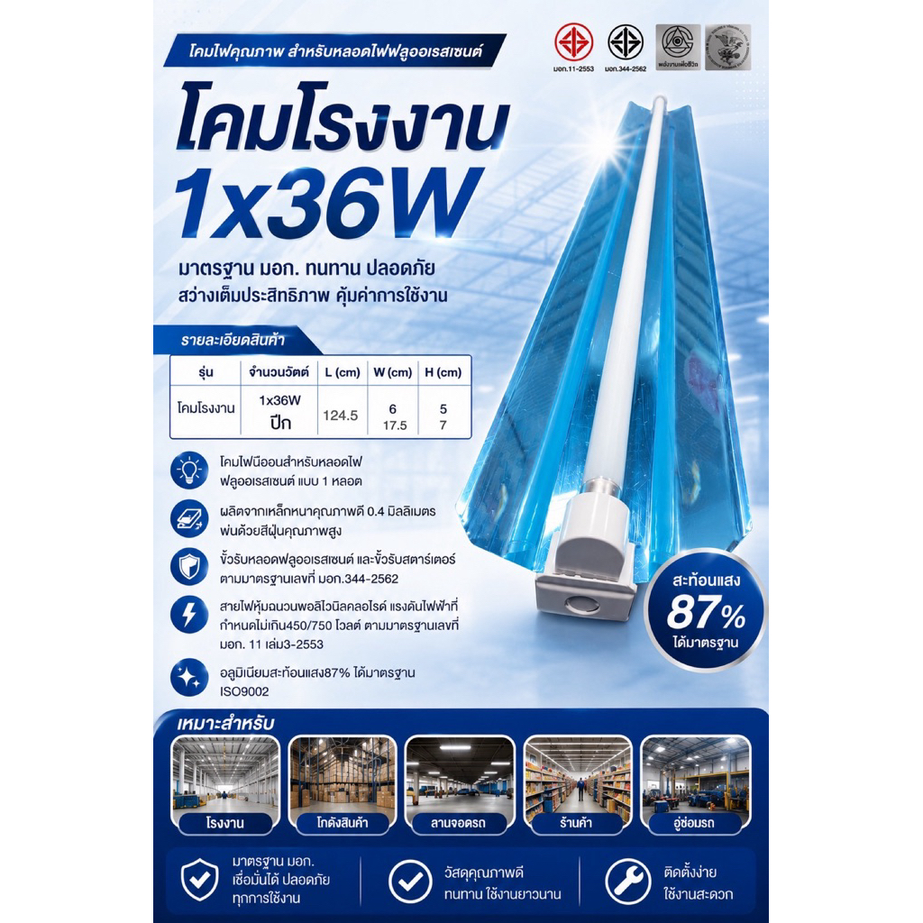 โคมโรงงาน1x36w.ขั้วสปริงหน้าอลูมิเนียมนอกสะท้อนแสง87%(สำหรับใส่หลอดยาว)มีมอก.(พร้อมขั้ว+สายไฟ)