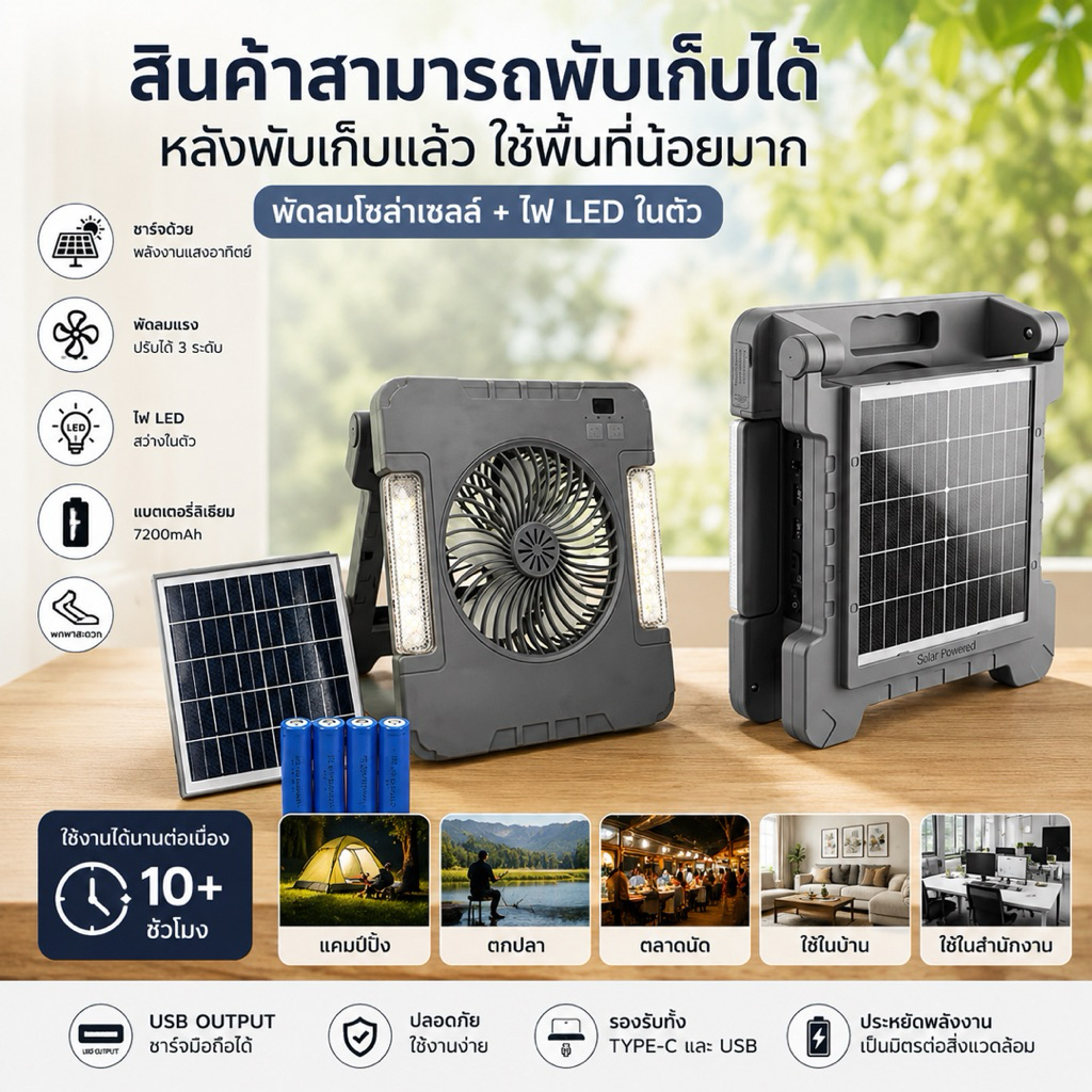 พัดลมโซล่าเซลล์ 8 นิ้ว TSM พัดลมพกพา มีไฟ LED ชาร์จมือถือได้ พัดลมแคมป์ปิ้ง ลม แรง แบตอึด พัดลมตั้งโต๊ะ Solar Fan SF2601