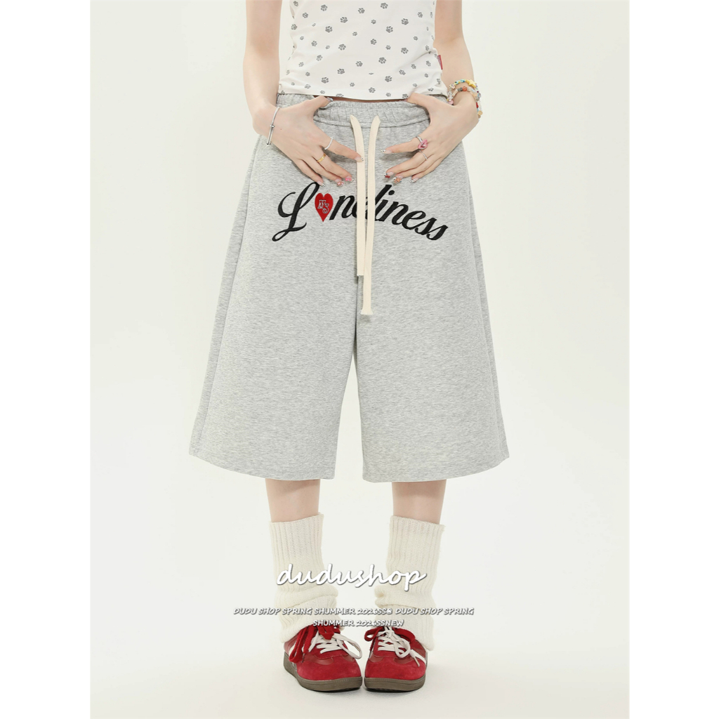 [Letter printed cropped pants]สูงถนนกีฬาลมตัวอักษรพิมพ์ผู้หญิงสบาย ๆ ขากว้างกางเกงคาปรี
