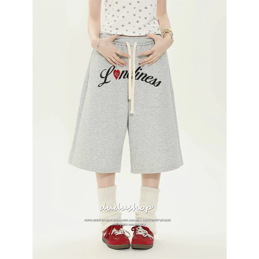 [Letter printed cropped pants]สูงถนนกีฬาลมตัวอักษรพิมพ์ผู้หญิงสบาย ๆ ขากว้างกางเกงคาปรี