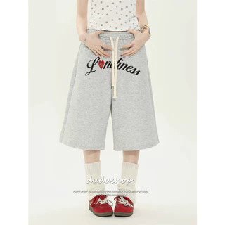 [Letter printed cropped pants]สูงถนนกีฬาลมตัวอักษรพิมพ์ผู้หญิงสบาย ๆ ขากว้างกางเกงคาปรี