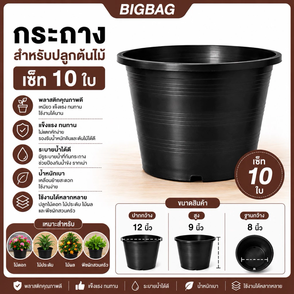 กระถางต้นไม้ ขนาด 12 นิ้ว เซ็ท 10 ใบ
