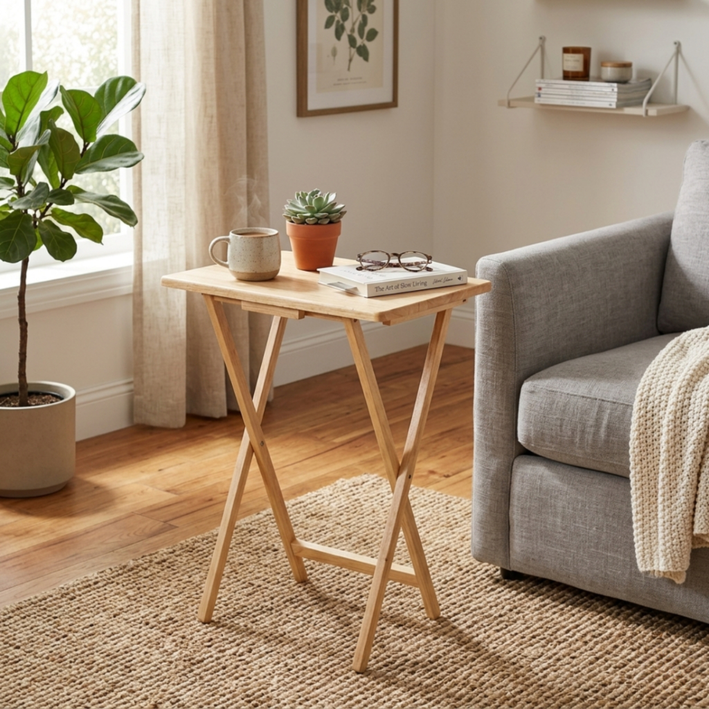PJ wood โต๊ะพับไม้แท้ มินิมอล โต๊ะวางของอเนกประสงค์ ประหยัดพื้นที่ Foldable Rubberwood Tray Table