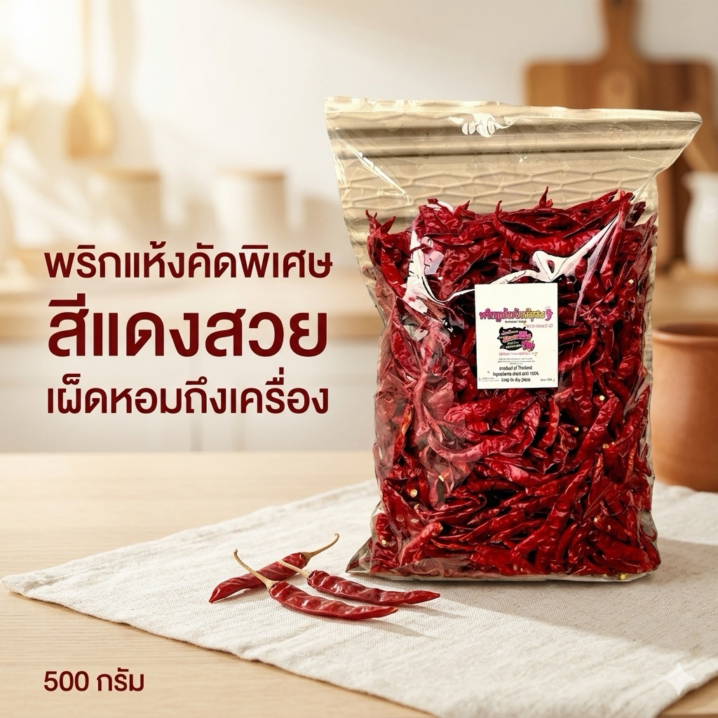 พริกแห้งจินดาคัดพิเศษ 500 กรัม สีแดงสวย เผ็ดหอม คัดเม็ดก่อนบรรจุ พริกแห้งคุณภาพดี(แห้ง500)