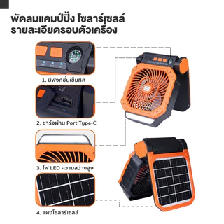 พัดลมแคมป์ปิ้ง พลังงานแสงอาทิตย์ 2026 รุ่นใหม่ล่าสุด ลมแรง 4 ระดับ ใช้ไฟLED ชาร์จโซล่าเซลล์ได้ Solar Fan