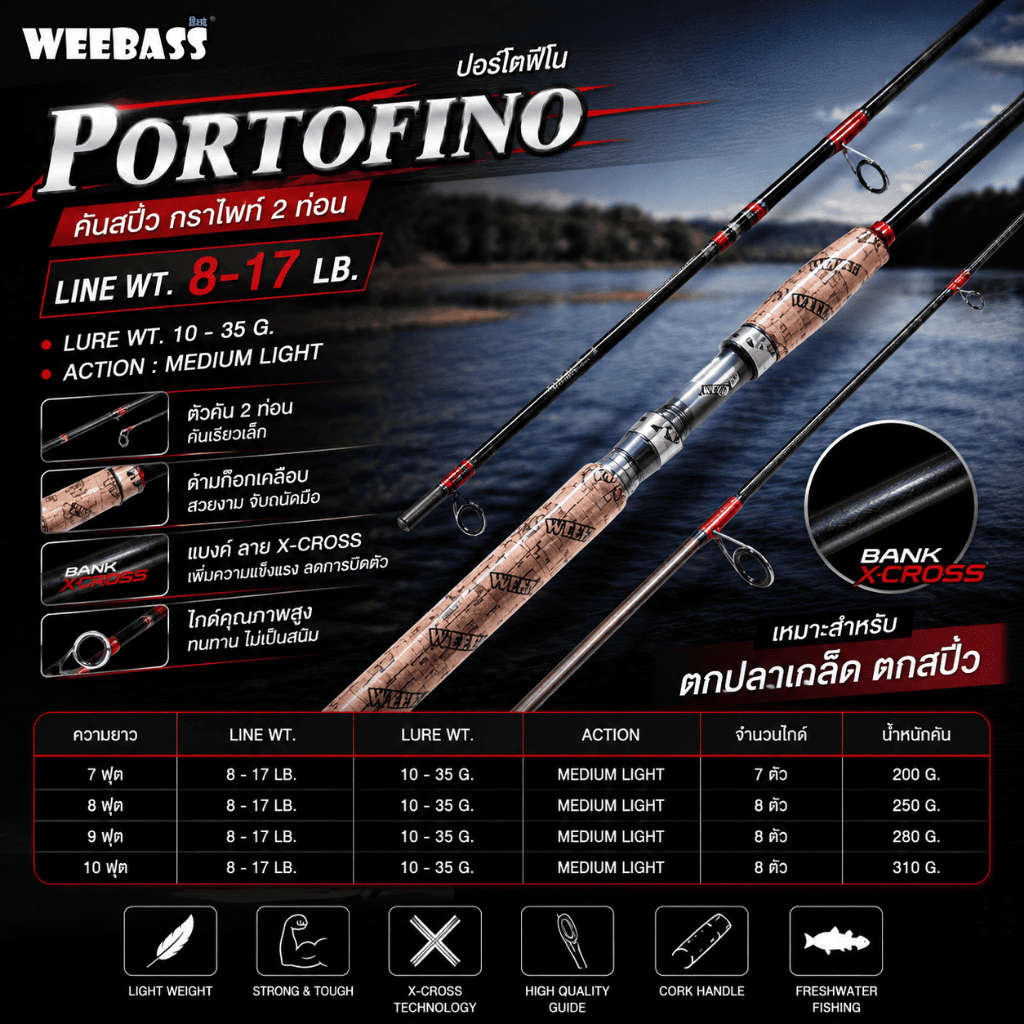 [ ของแท้ ] คันสปิ๋ว กราไฟท์ Weebass PORTOFINO ปอร์โตฟีโน Line wt. 8-17 LB.