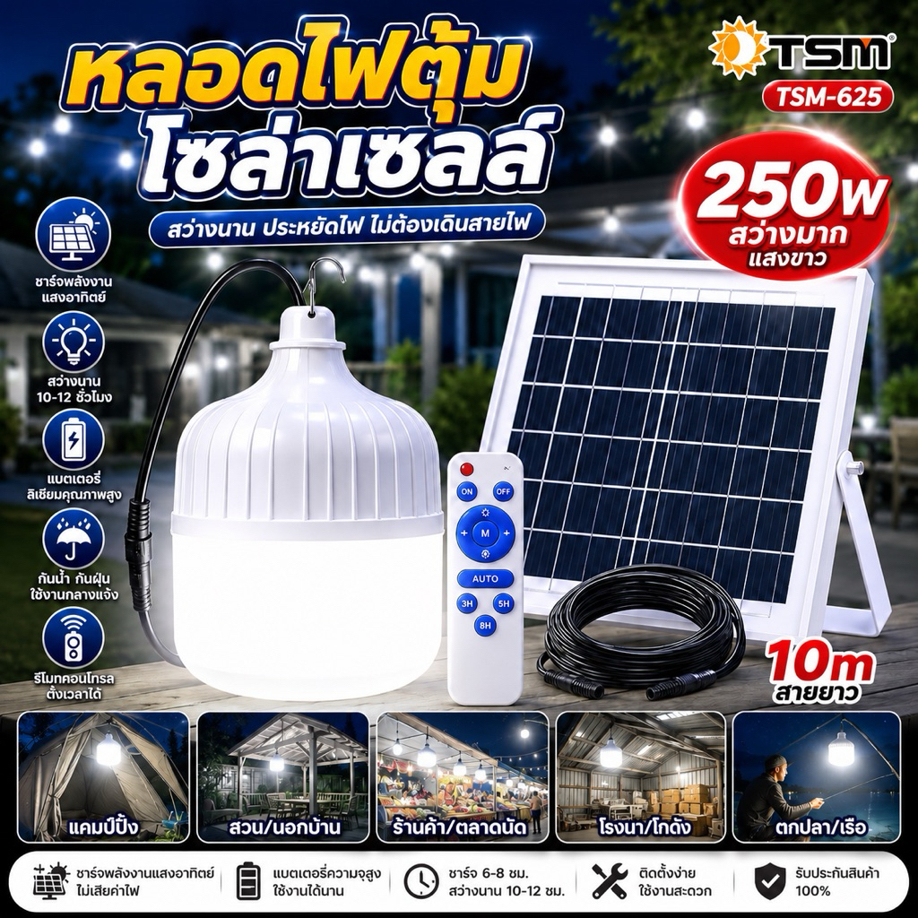 ไฟโซล่าเซลล์ 250W หลอดไฟตุ้ม ไฟ LED พลังงานแสงอาทิตย์ พร้อมแผงโซล่าเซลล์